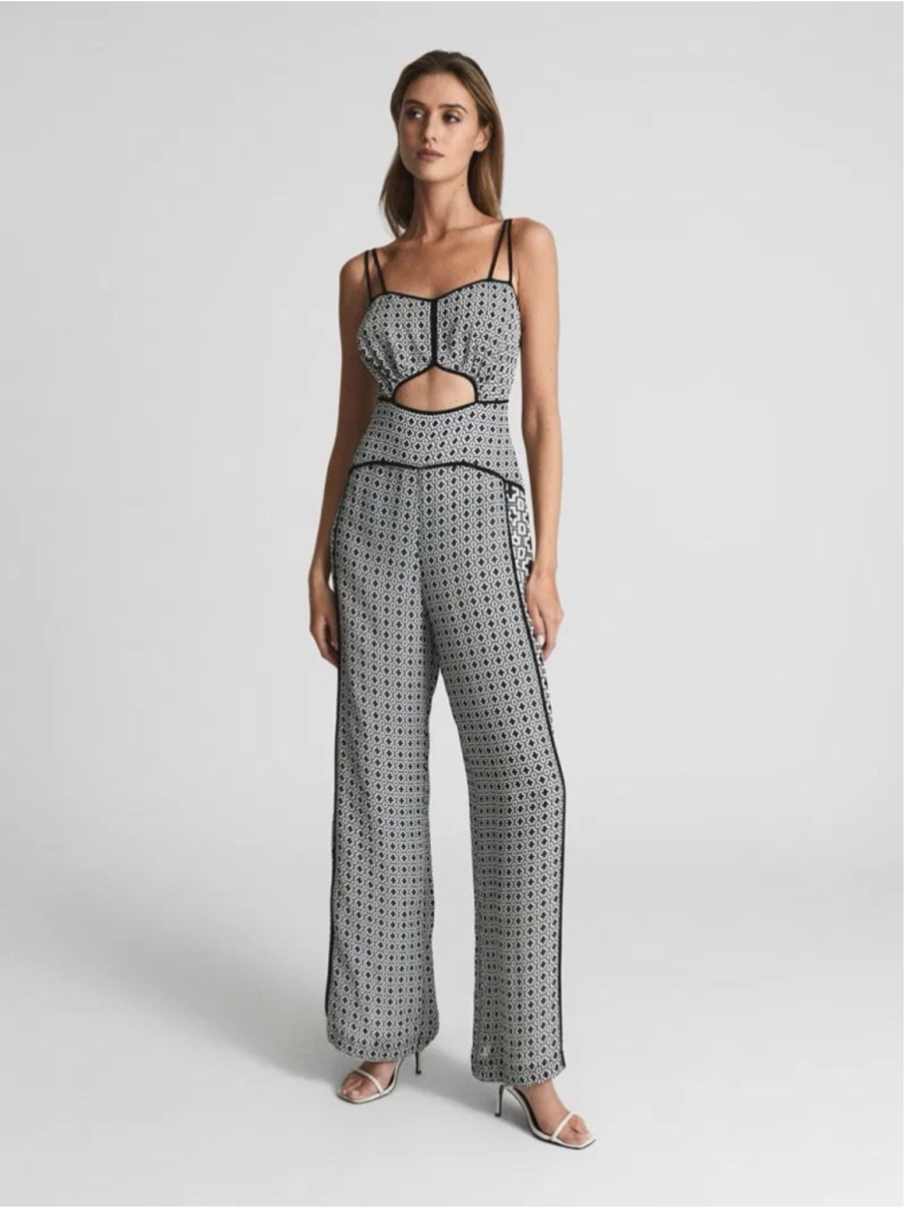 Reiss Remi Printed Wide Leg Resort Jumpsuit Size 4 Black White Viscose Cut-Out